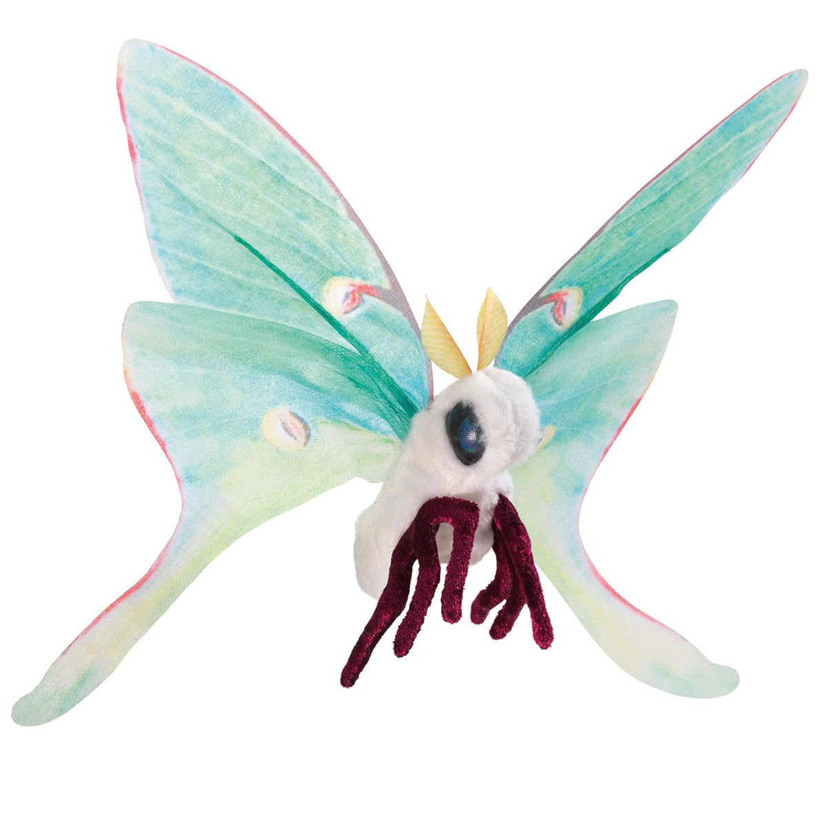 Folkmanis Mini Luna Moth finger puppet ready for imaginative storytelling and puppetry.
