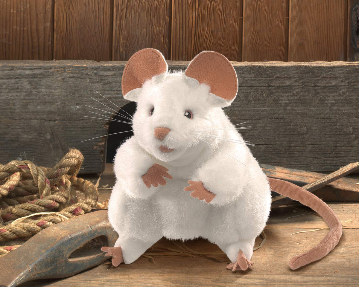 Folkmanis Mouse Hand Puppet White on hand, movable mouth for expressive performances