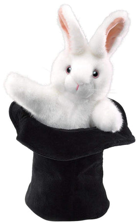 Folkmanis Rabbit in Hat puppet peeks from velvet top hat for storytelling fun.