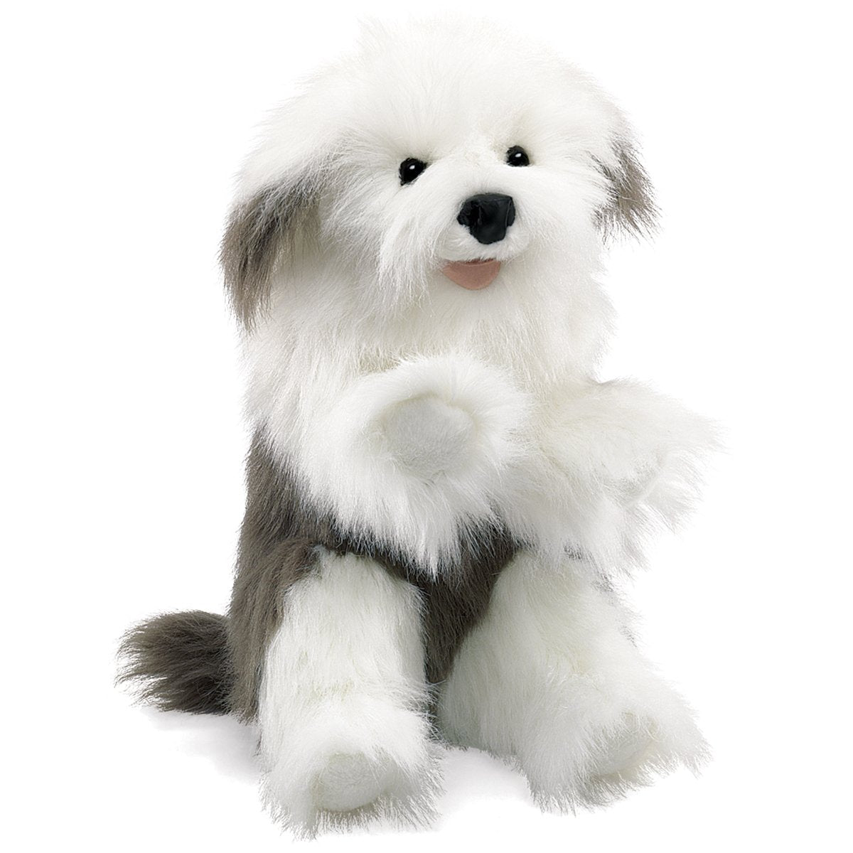 Folkmanis Sheepdog hand puppet, front view, boosts storytelling engagement.