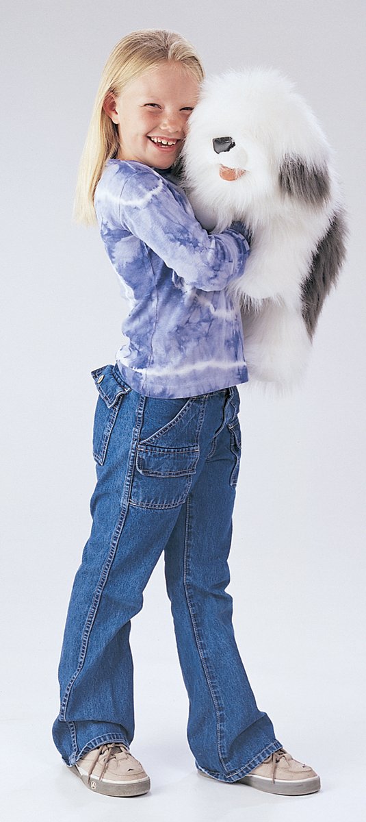 Folkmanis Sheepdog hand puppet, side view, ideal for expressive performances.