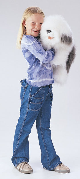 Folkmanis Sheepdog hand puppet, side view, ideal for expressive performances.