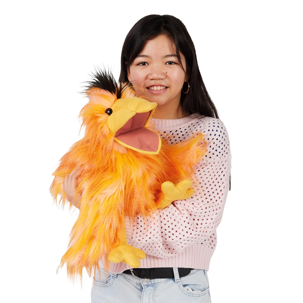 Folkmanis Silly Bird Hand Puppet close-up on bold eyes for character