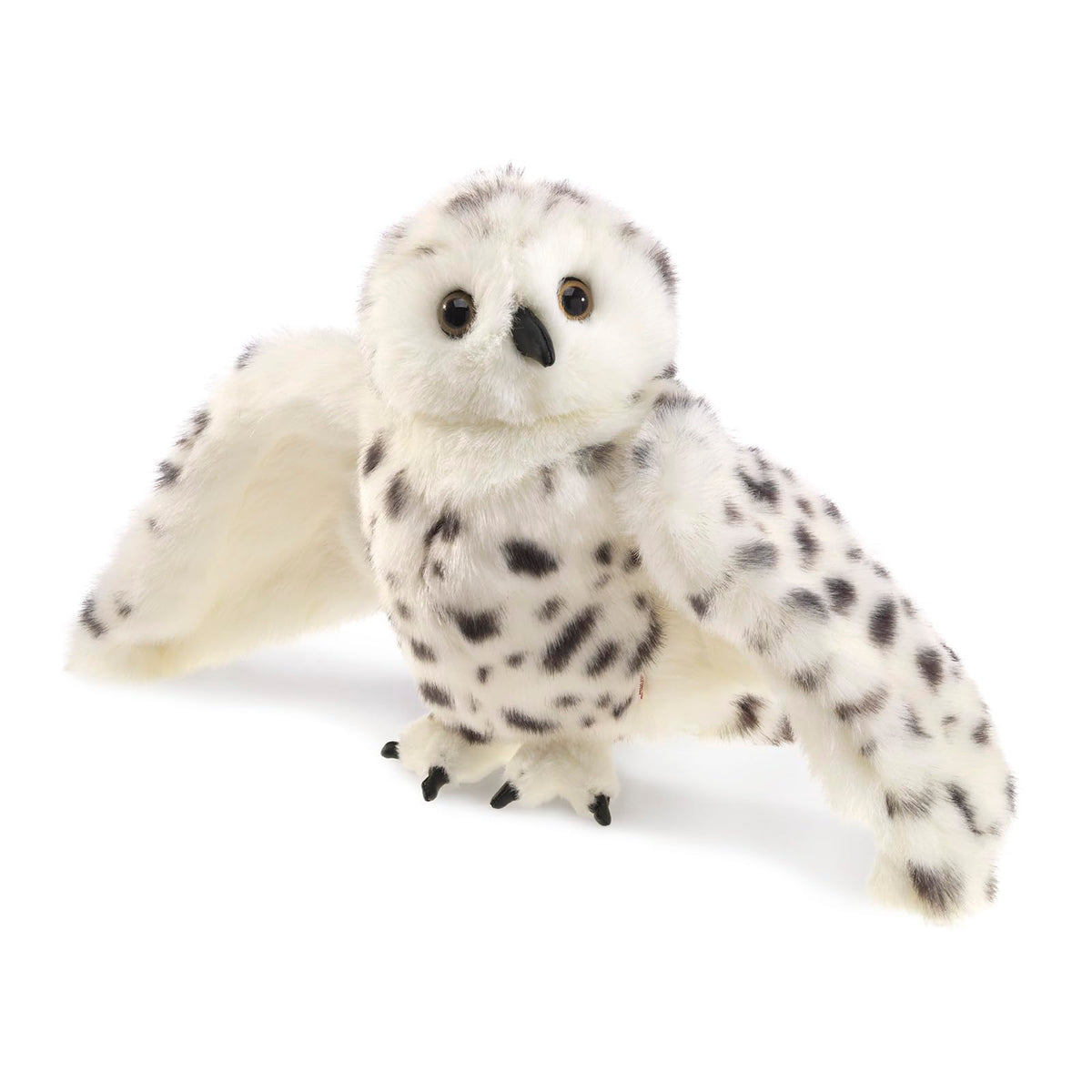Folkmanis Snowy Owl hand puppet, front view with realistic fur for storytelling