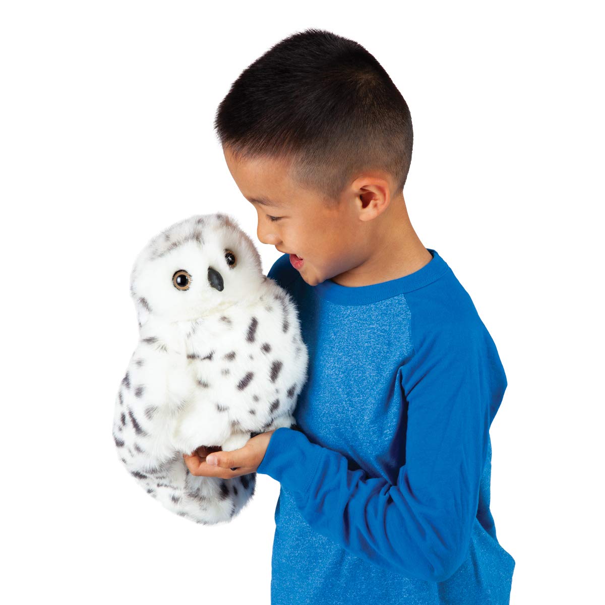 Folkmanis Snowy Owl hand puppet, feathered wings ready to flap during performances