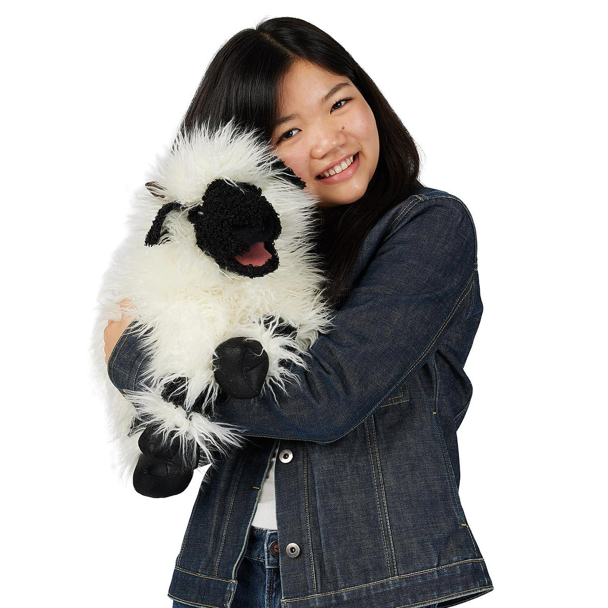 Folkmanis Valais Blacknose Sheep hand puppet detailed coat for lifelike stage presence.