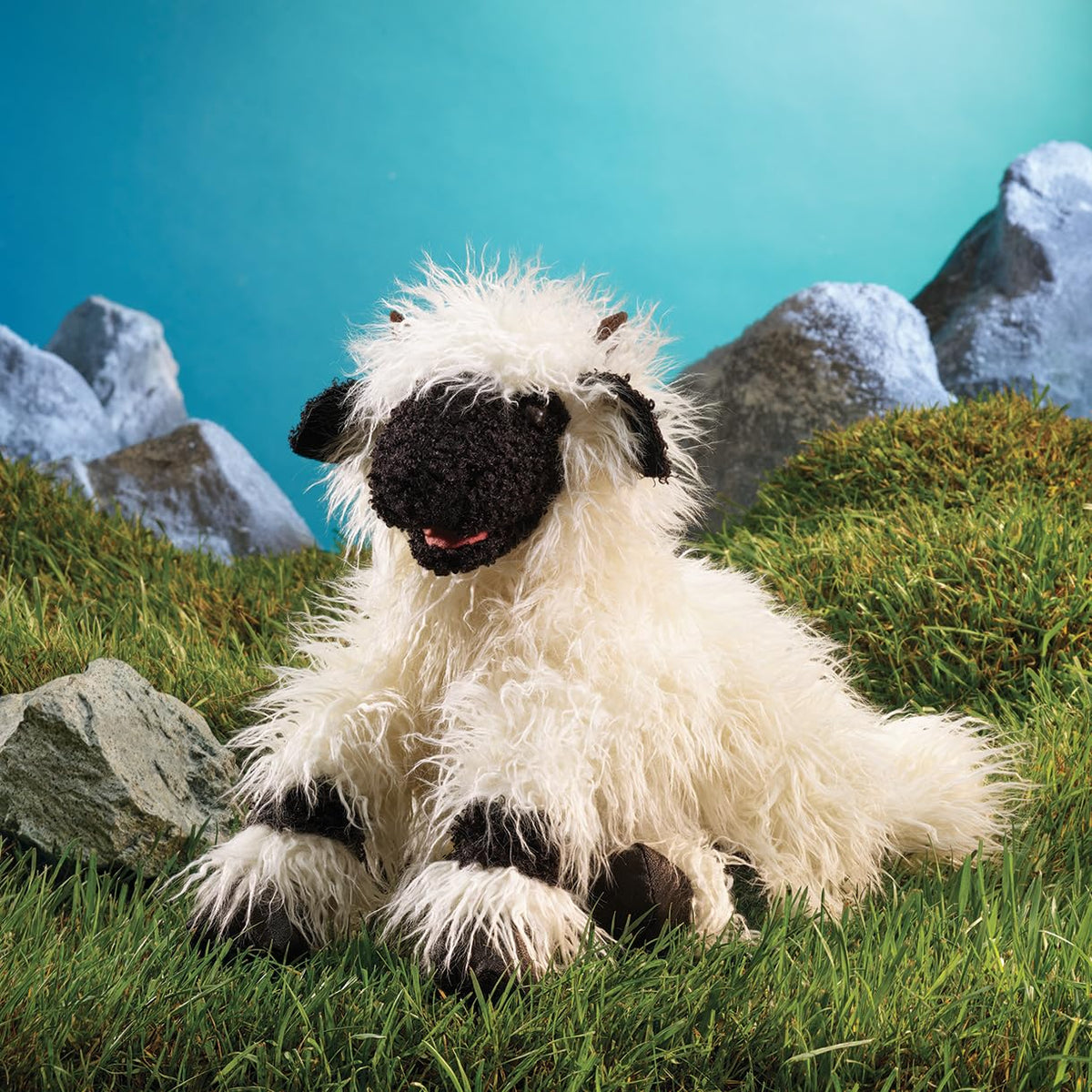 Folkmanis Valais Blacknose Sheep hand puppet realistic ears and eyes for believable performances.