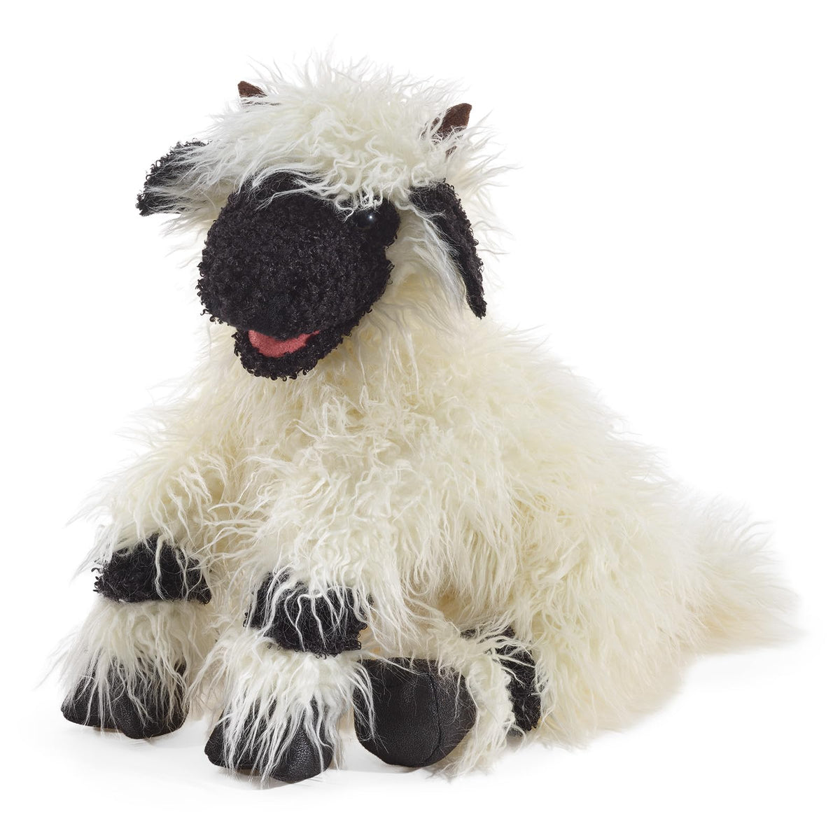 Folkmanis Valais Blacknose Sheep hand puppet front view for engaging storytelling and pretend play.