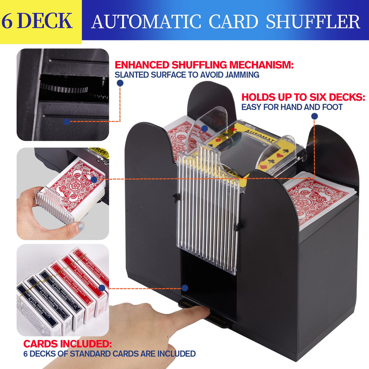 FONBEAR 6-deck shuffler powered by batteries for reliable casino-style shuffling.
