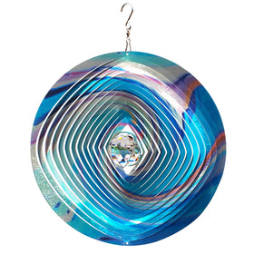 FONMY Mandala wind spinner with crystal ball, 12-inch blue, shimmering in sunlight