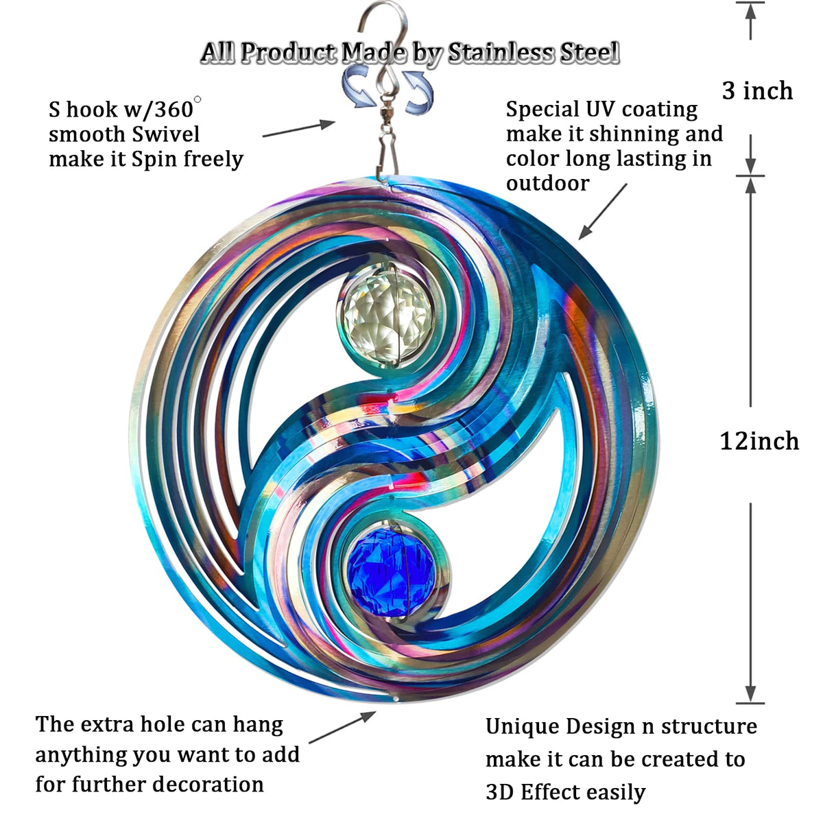 Colorful epoxy-coated FONMY wind spinner gleaming at dusk