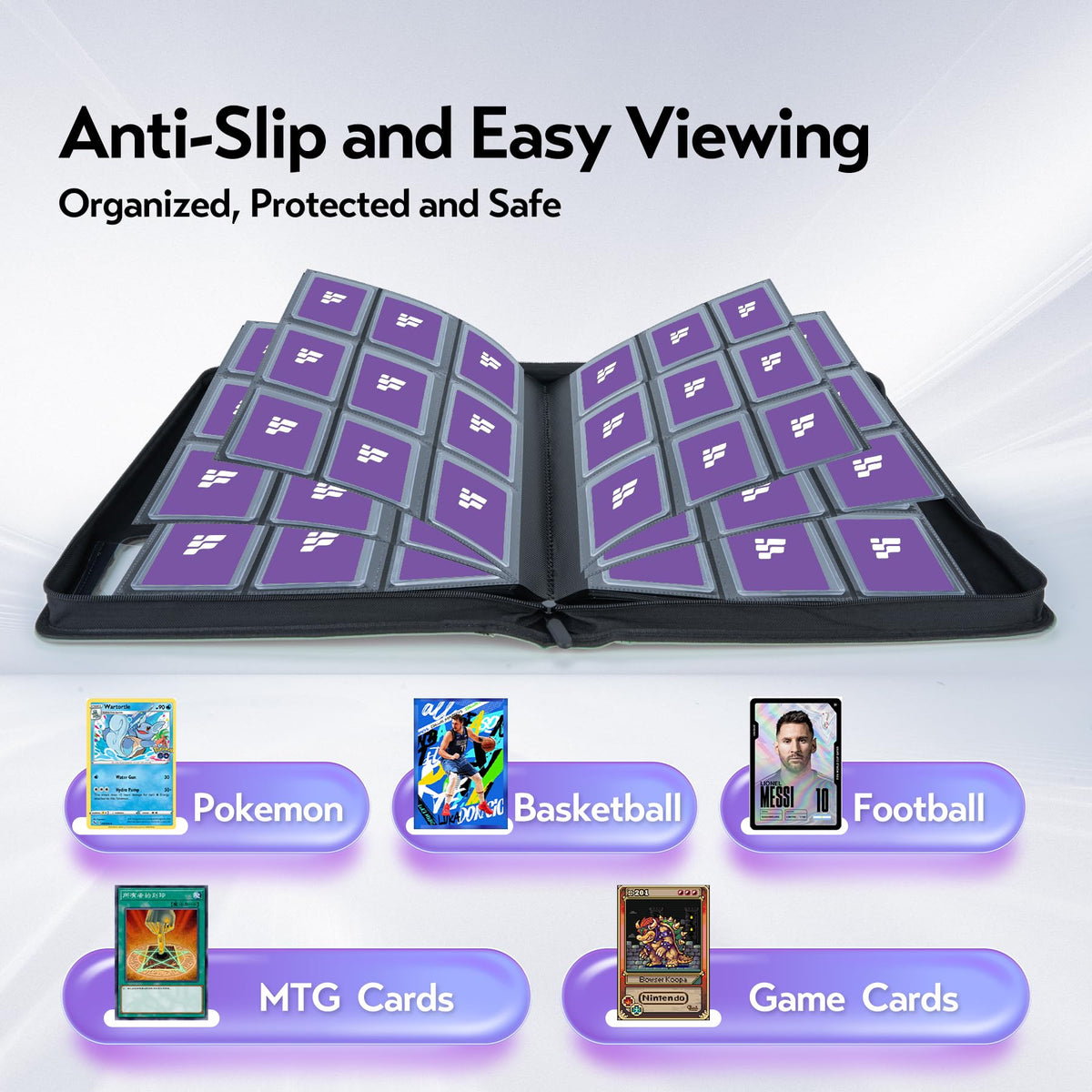 Large-capacity binder holds 288 cards with a sleek ring-free design.