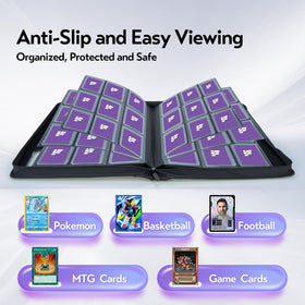 Large-capacity binder holds 288 cards with a sleek ring-free design.
