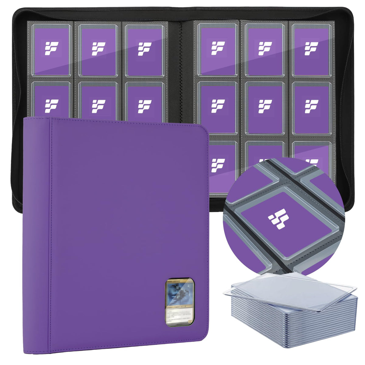 Fonwill top loader binder with purple window for quick card sorting and display.