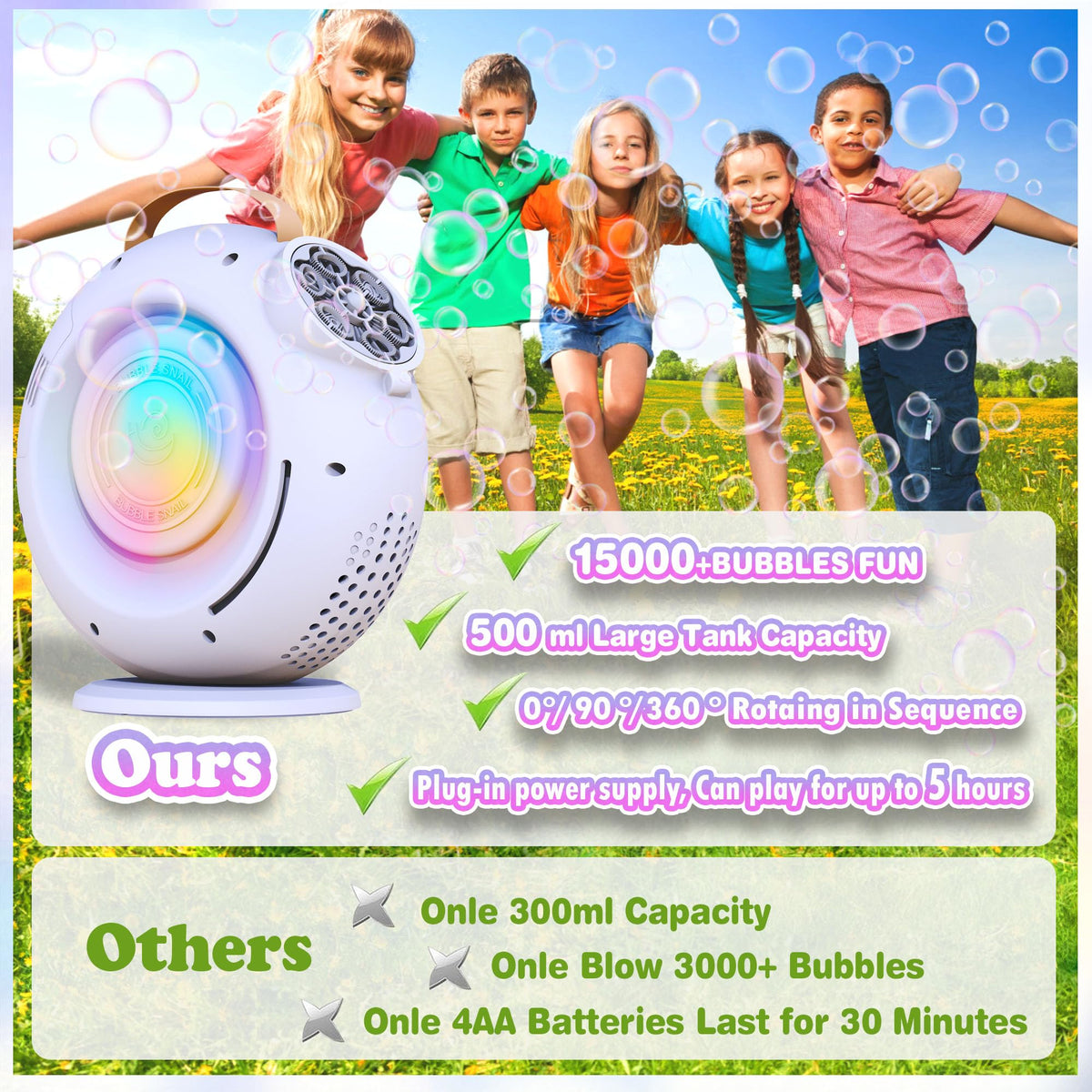 FORALES bubble machine with LED lights creates vivid color effects at night.