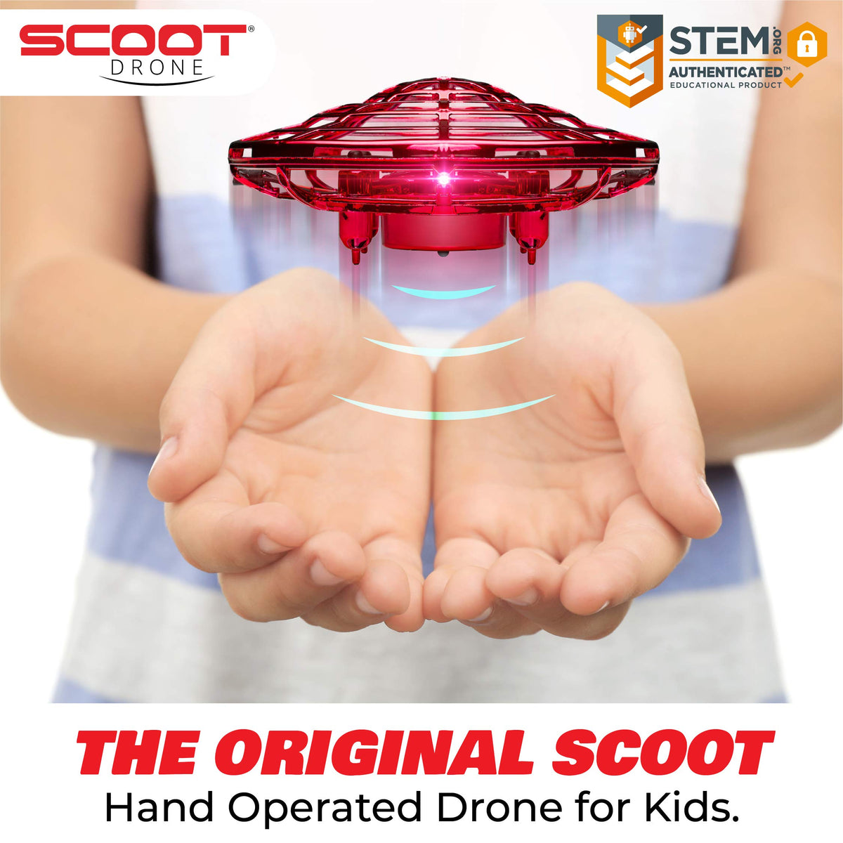 Force1 Scoot drone with LED lights in flight for vibrant indoor play.