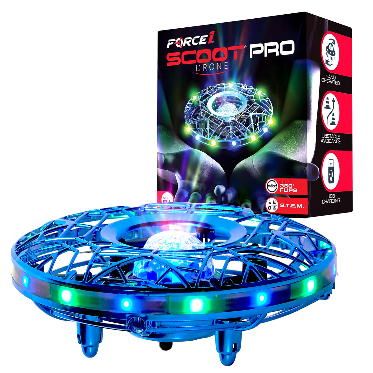 Force1 Scoot Pro hand operated drone performing safe indoor play