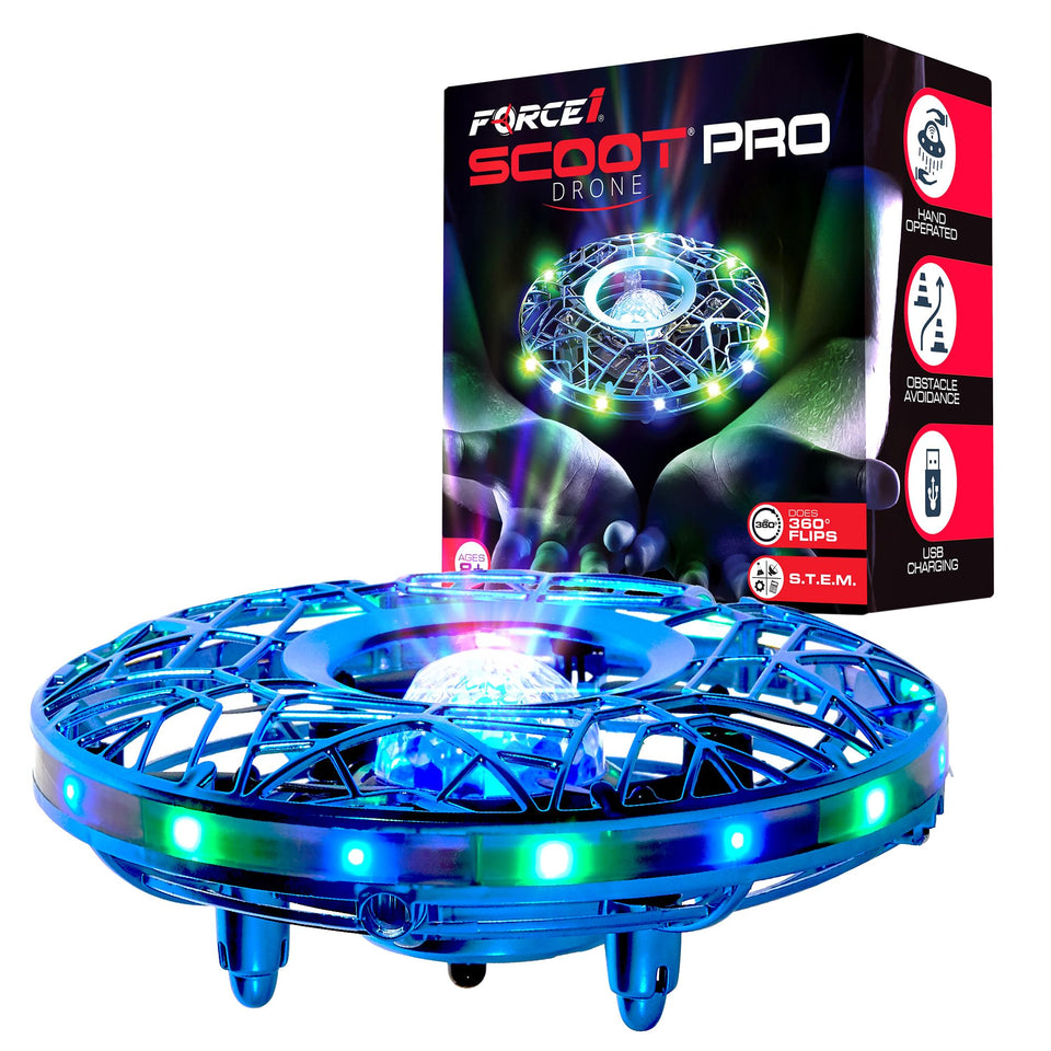 Force1 Scoot Pro hand operated drone performing safe indoor play