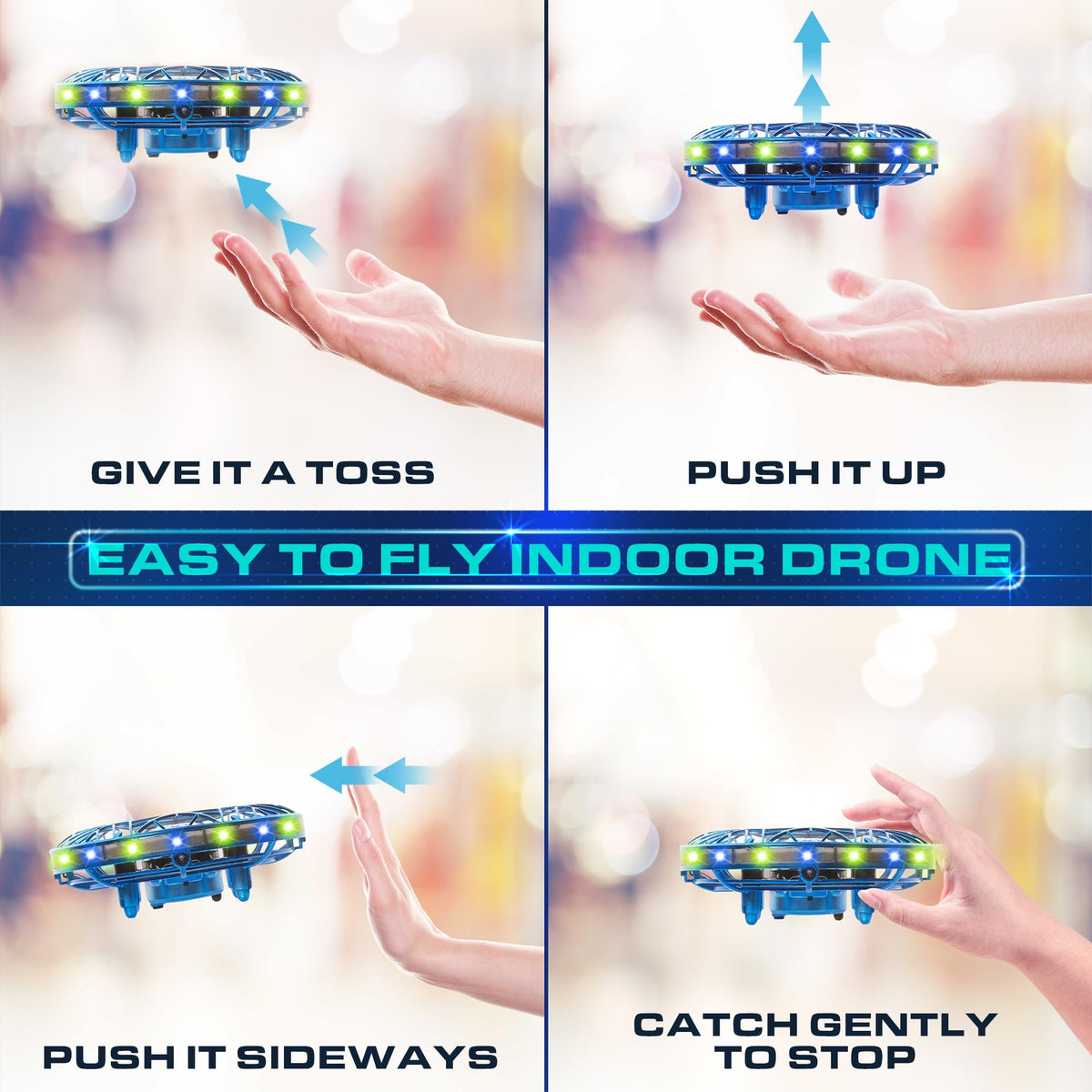 Force1 Scoot Pro in indoor hover mode with hands nearby