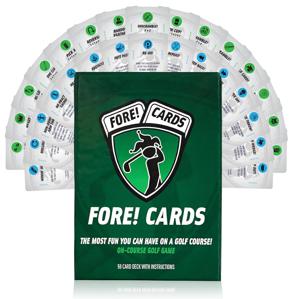 Fore! Cards On Course packaging showing a durable, gift-ready golf game set.