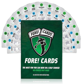 Fore! Cards On Course packaging showing a durable, gift-ready golf game set.