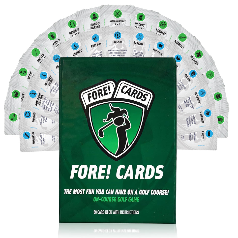 Fore! Cards On Course packaging showing a durable, gift-ready golf game set.