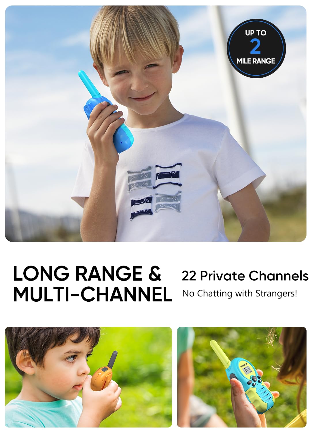 FOREDOM kids walkie talkie charging via USB cable showing eco-friendly power.