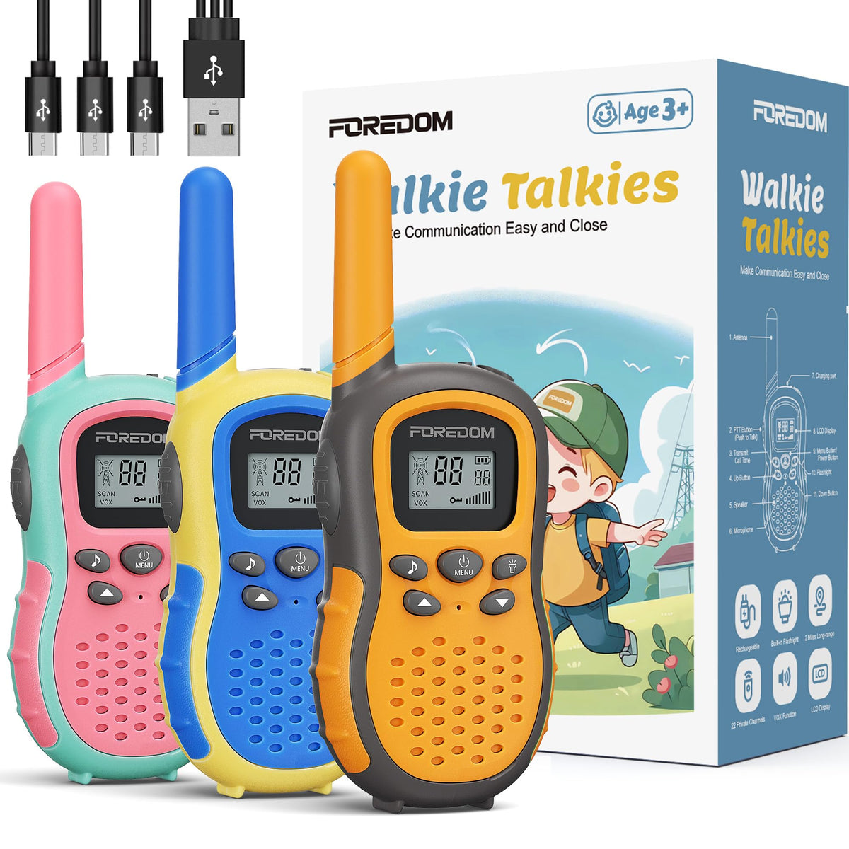 FOREDOM rechargeable kids walkie-talkies 3-pack ready for family playtime