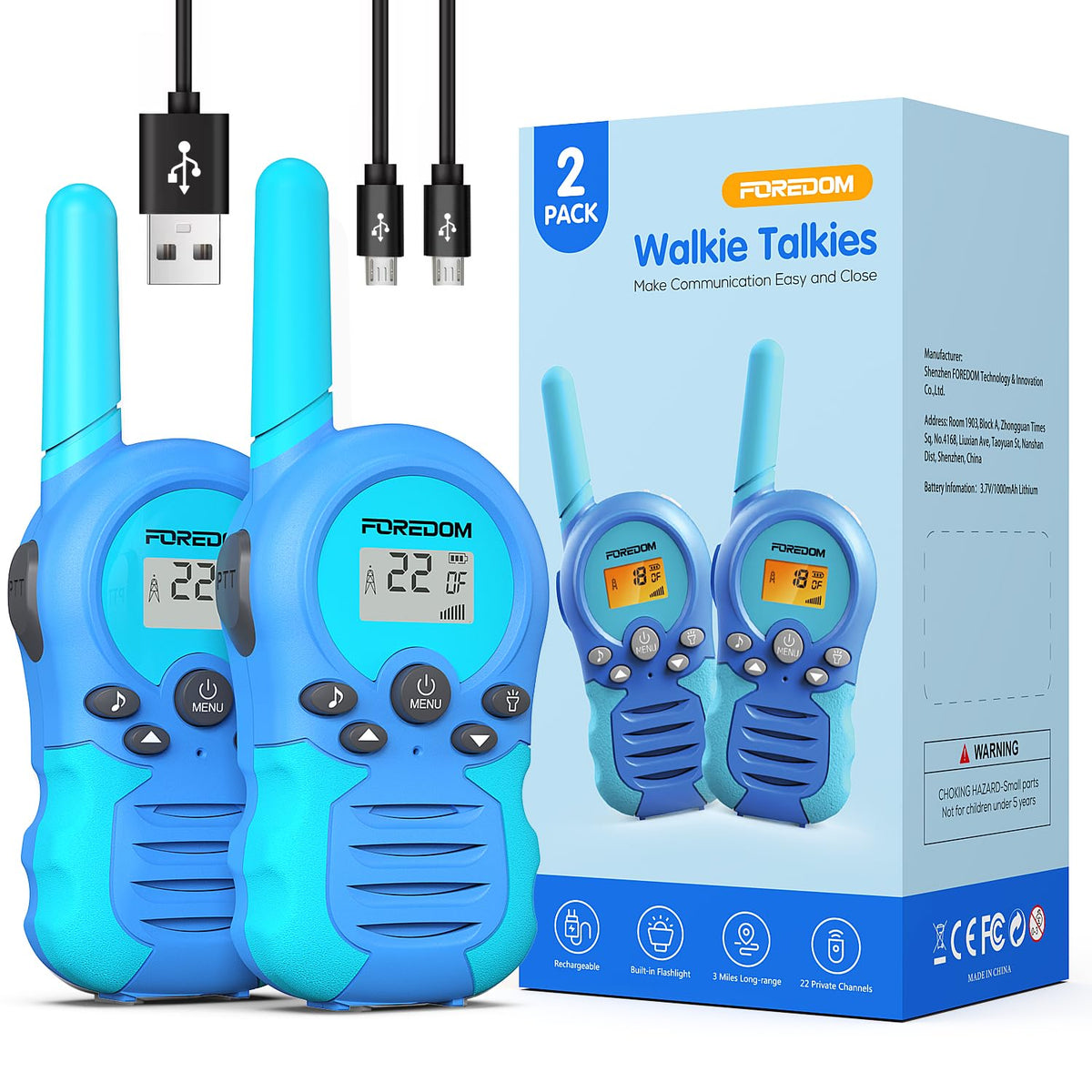 FOREDOM blue front view kid walkie talkie highlighting long-range capability