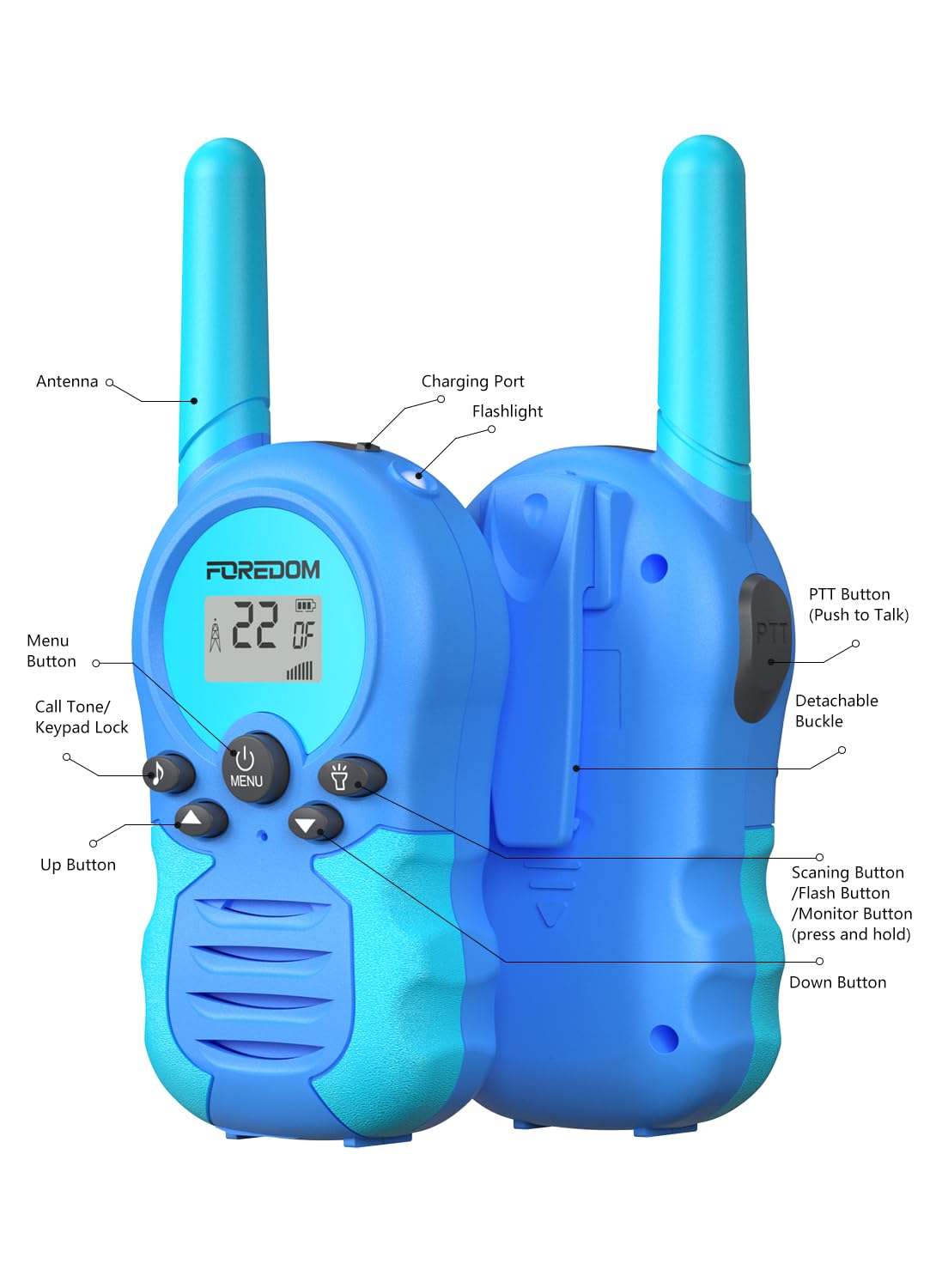 FOREDOM walkie talkie 22-channel system and 2-mile range.