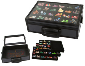 Forged Dice Co. dice display case with clear lid showing collection safely