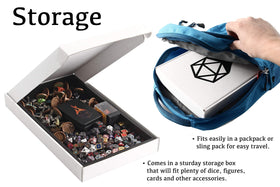 Forged Dice Co. storage box accommodates dice and accessories for travel.