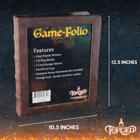 Forged Dice Co. Game-Folio binder clear front pocket displaying character art