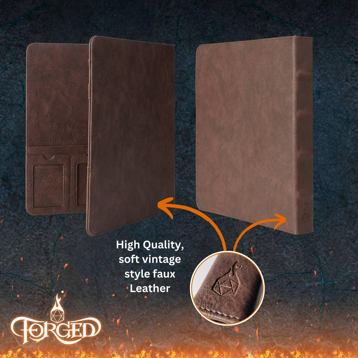 Forged Dice Co. Game-Folio binder vintage faux leather design on shelf