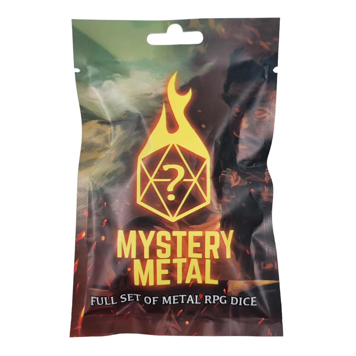 Forged Dice Co mystery metal dice bag front view shows premium polyhedral dice for RPGs