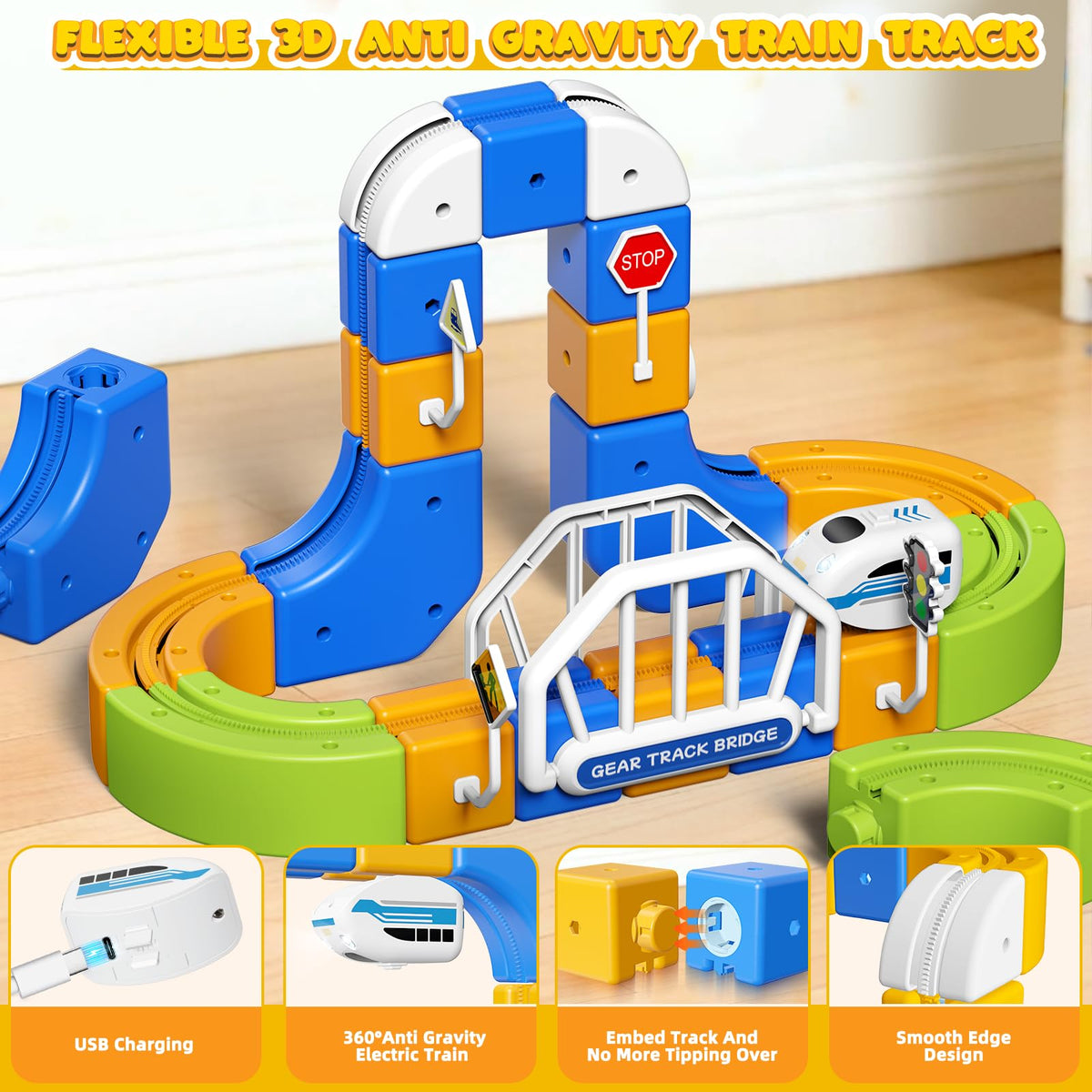 Fortand flexible track pieces show bendable rails for dynamic layouts.