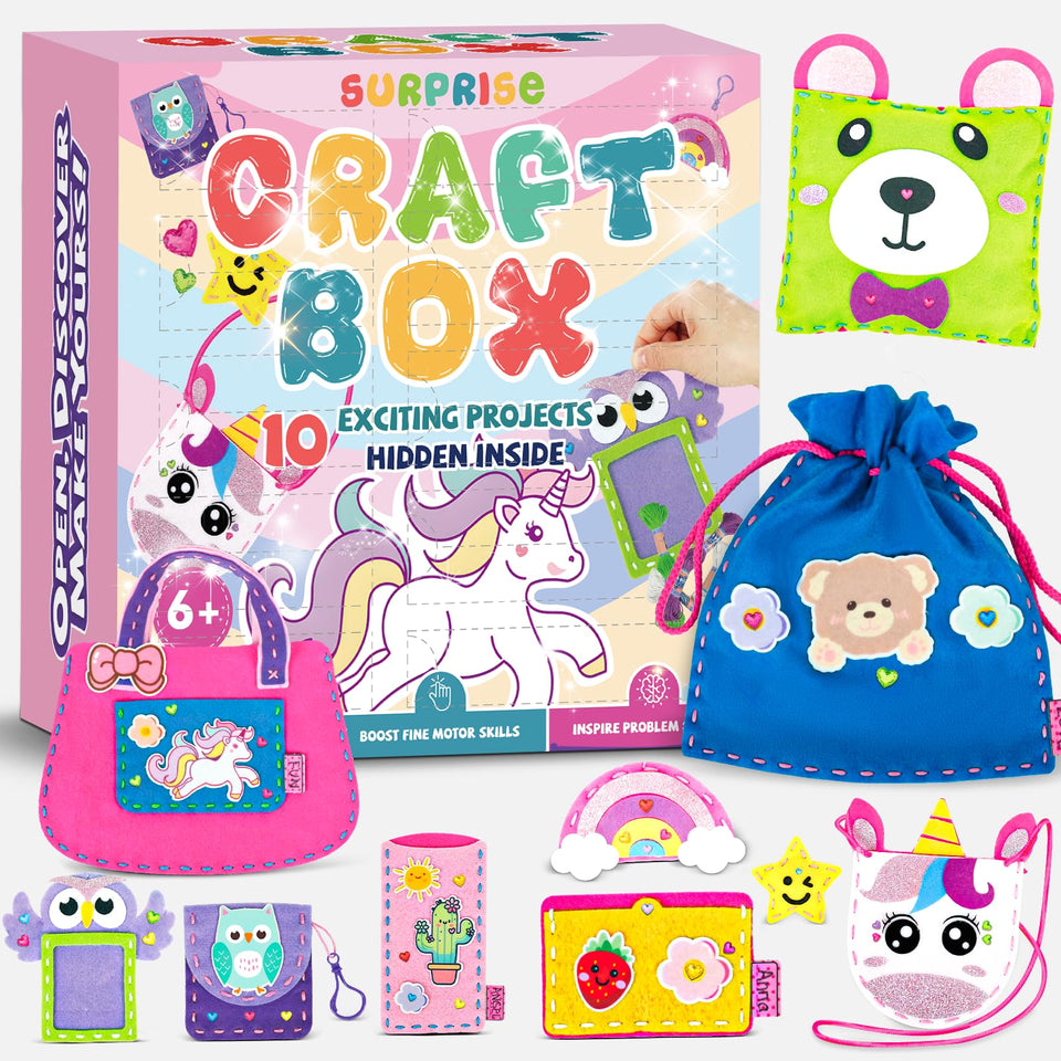 Fortand sewing kit for kids beginner, vibrant box opens to reveal 10 felt crafts for mindful play