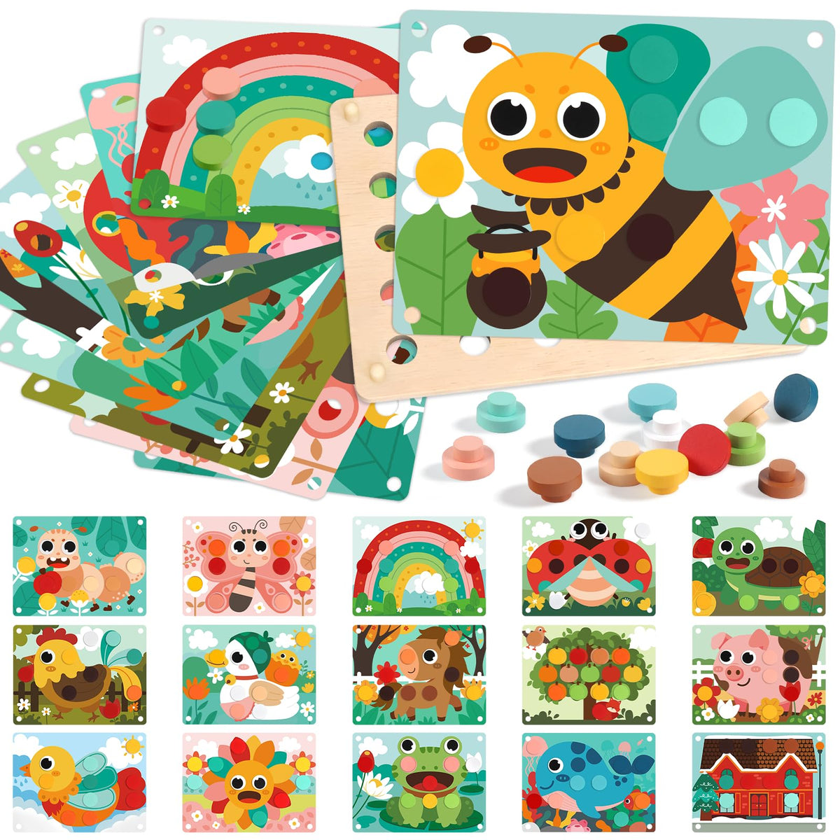 Fortand wooden button art toy with 16 pattern cards supports fine motor skills during play.