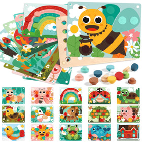 Fortand wooden button art toy with 16 pattern cards supports fine motor skills during play.