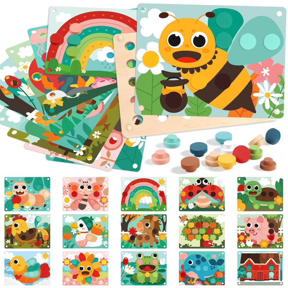Fortand wooden button art toy with 16 pattern cards supports fine motor skills during play.