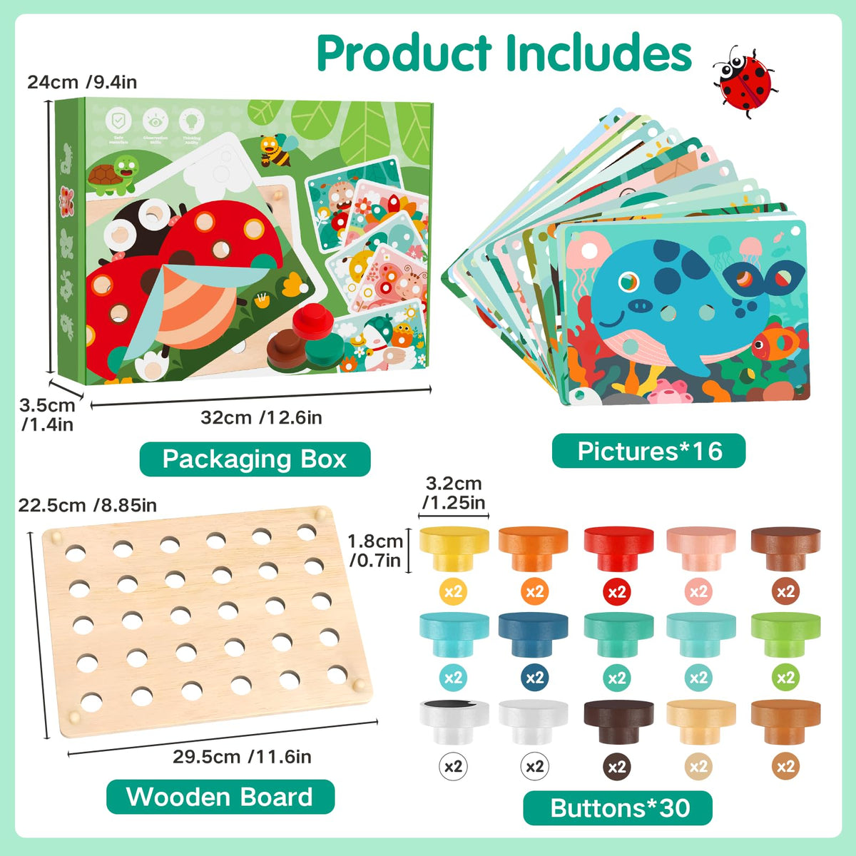 Fortand wooden buttons and pegboard promote color sorting and early pattern recognition.