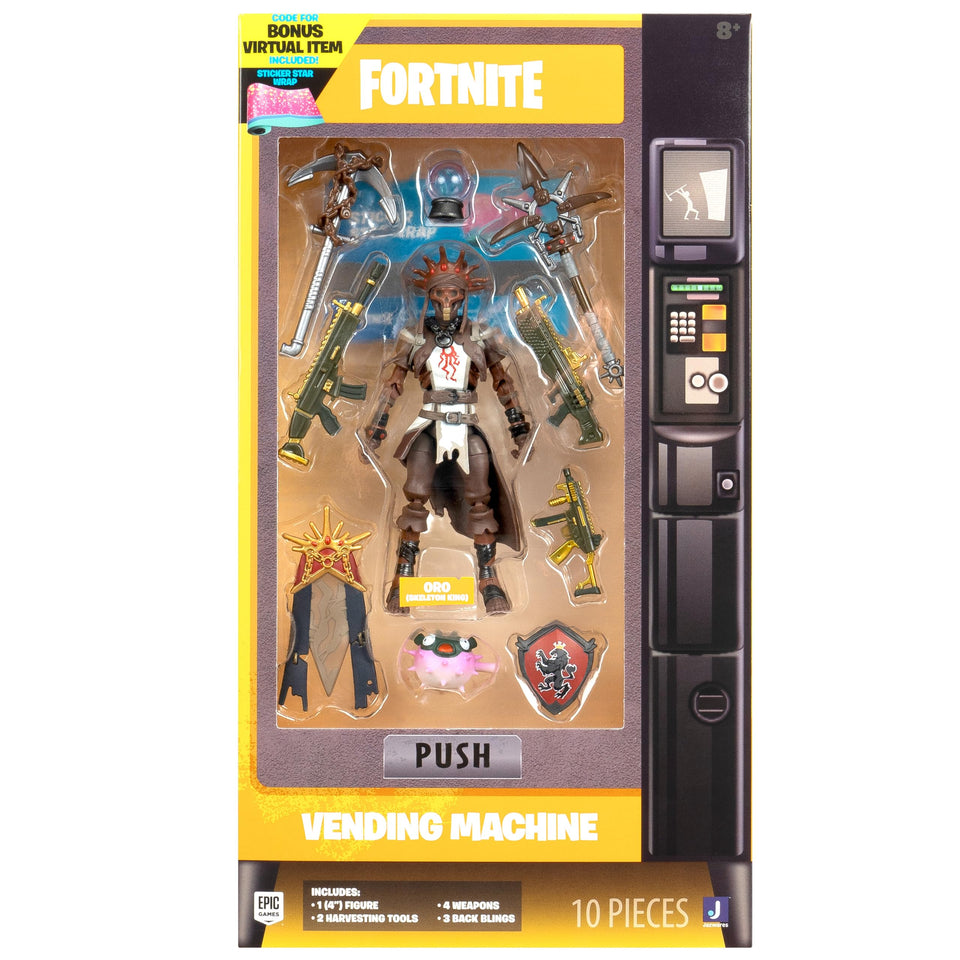 Fortnite Oro Skeleton King 4-inch figure in vending machine display ready for collection