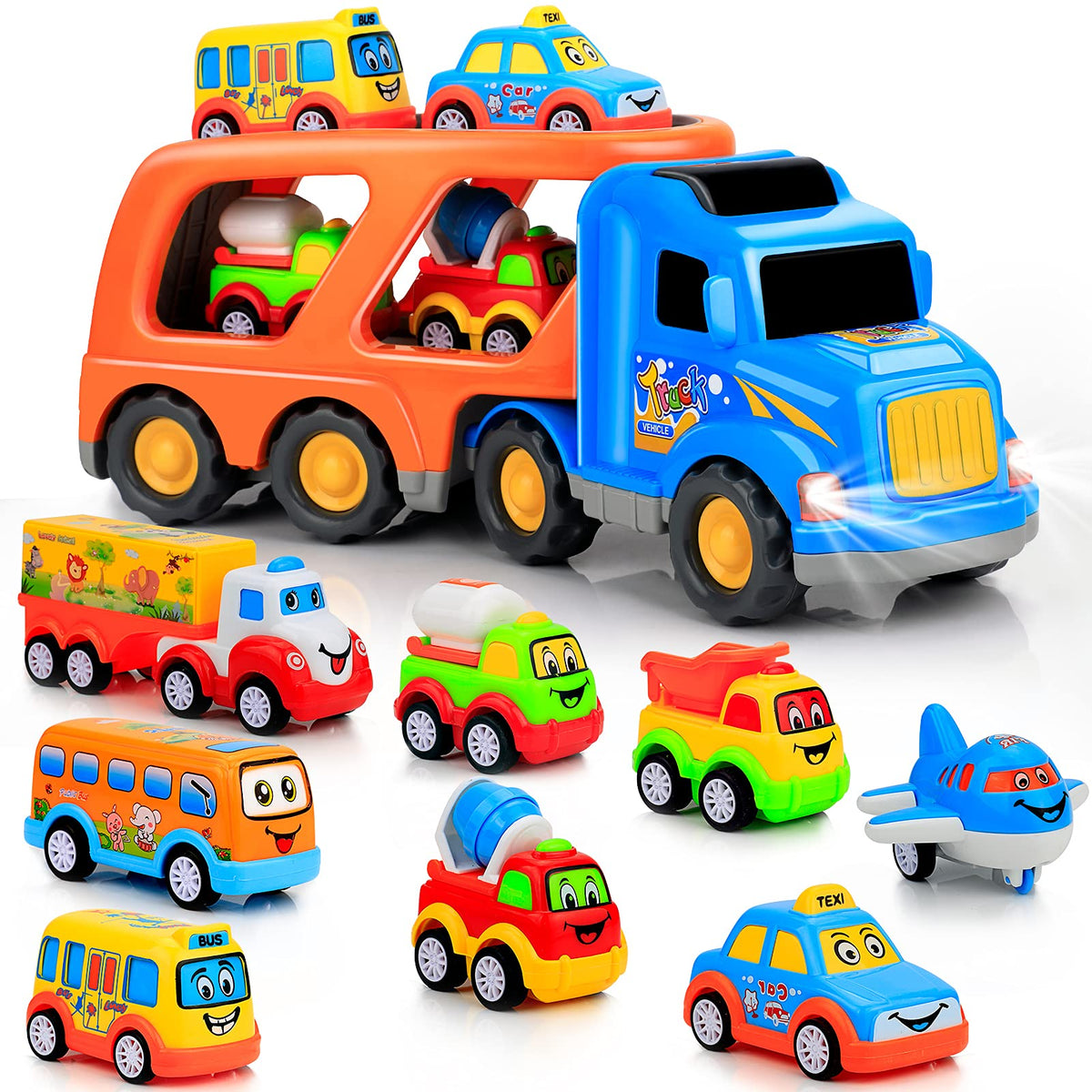Forty4 nine-pack cars and carrier truck with vibrant colors spark imaginative play.