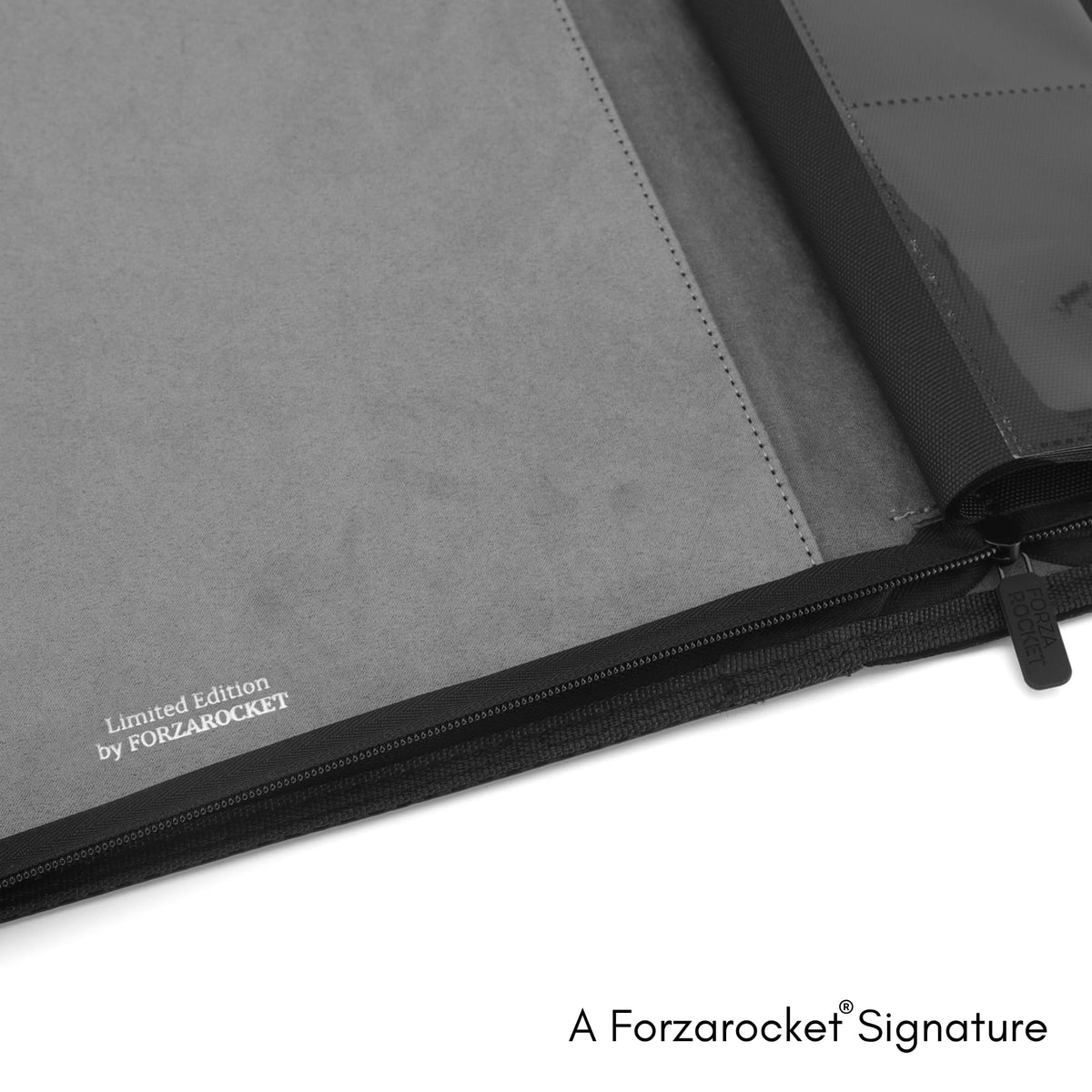 FORZAROCKET 324 binder zip-close closeup shows dual-pull zipper and water resistance.
