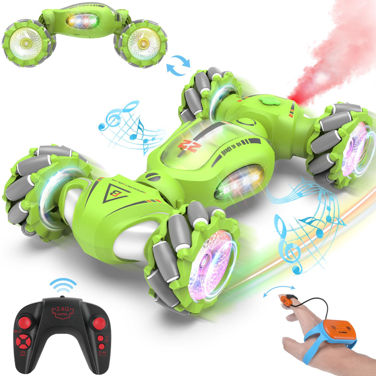 Fosgoit gesture RC stunt car front view with LED lights and spray