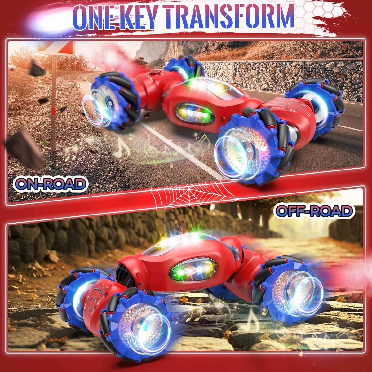 Fosgoit Spider RC car side view shows 360° rotation for stunts