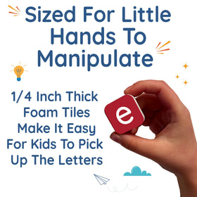 Four Dublee letter tiles organizer bags keep classroom tidy.