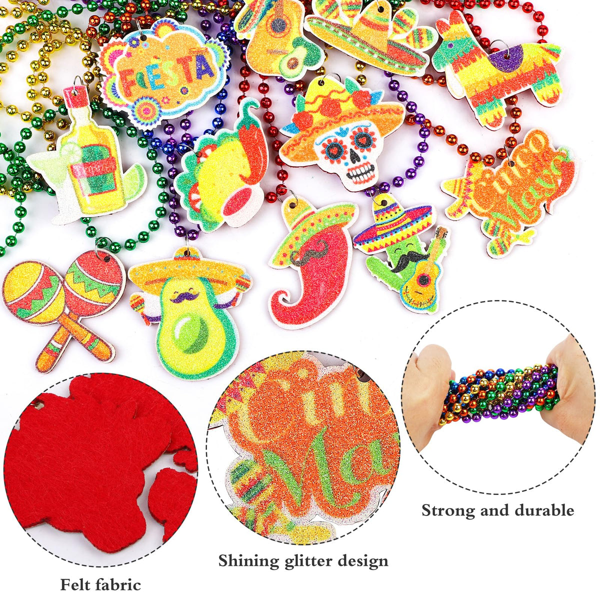 Premium colored plastic beads offer durable, reusable fiesta accessories