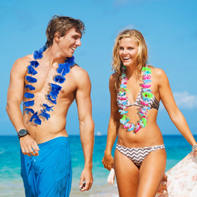 Fovths leis beach party scene suggests carefree tropical vibes.