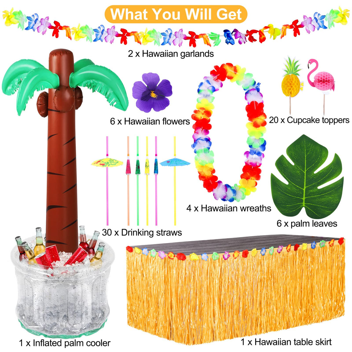 Fovths Hawaiian table skirt adds vibrant color to drink stations and buffets.